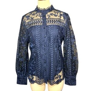 Navy Blue Lace Blouse Button Up M Victorian Romantic Embroidered Floral Shirt